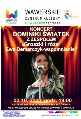 Koncert Dominiki Świątek z zespołem pt. "Groszki i róże Ewa Demarczyk- wspomnienie" - koncert