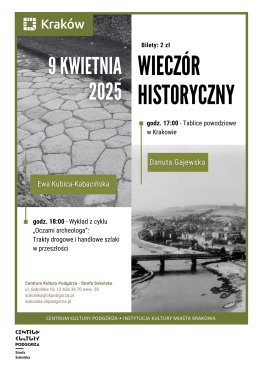 9.04/środa Wykłady historyczne 17:00 „Tablice powodziowe w Krakowie” 18:00 „Trakty drogowe i handlowe szlaki w przeszłości – oczami archeologa”