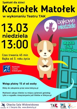 Spektakl dla dzieci „Koziołek Matołek” w wykonaniu Teatru TAK w ramach cyklu Bajkowe Niedziele